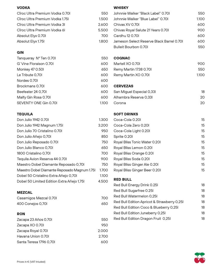 pacha ibiza bottle menu